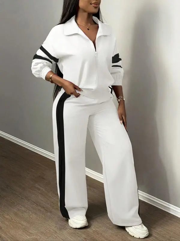 Women'S Zipper Jacket & Striped Wide-Leg Pants Set, Streetwear & Casual, Two-Piece Suit For Daily Wear