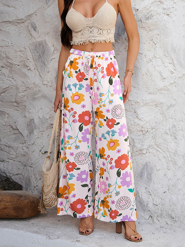 Contrast Color Drawstring Flower Print Pockets High Waisted Loose Trousers Pants