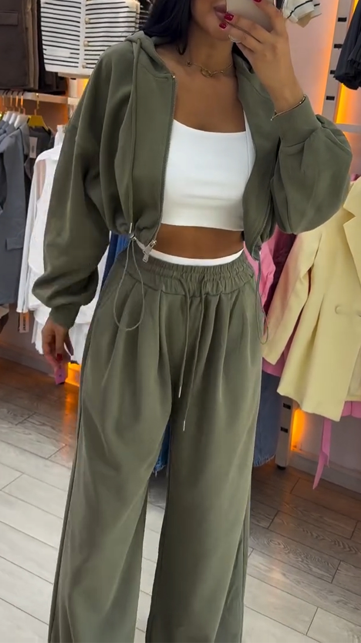 Womens Round Neck Zipper Cardigan + Drawstring Pants Casual Set