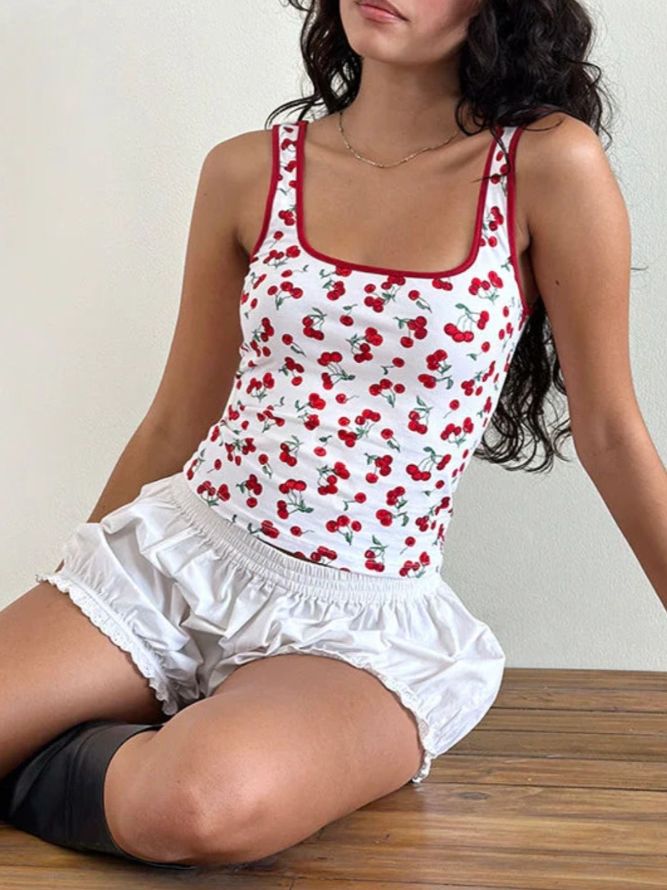 Cherry Print Square Neck Tank