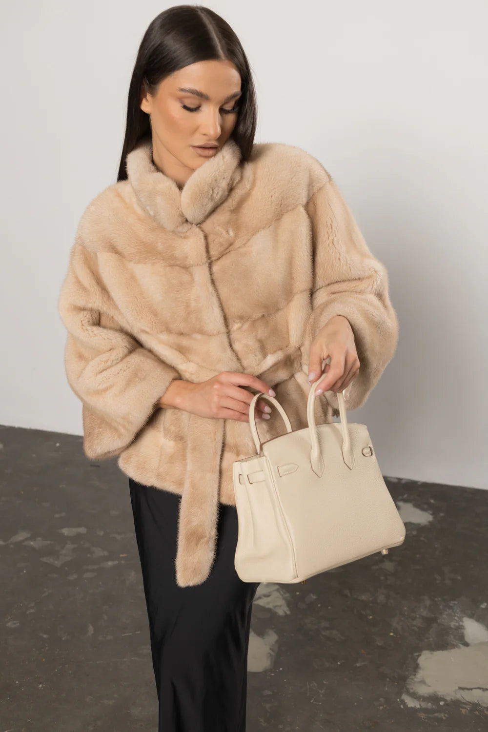 Haină din Blană Naturală de Vizon, cu Cordon, Femei, Pearl 405