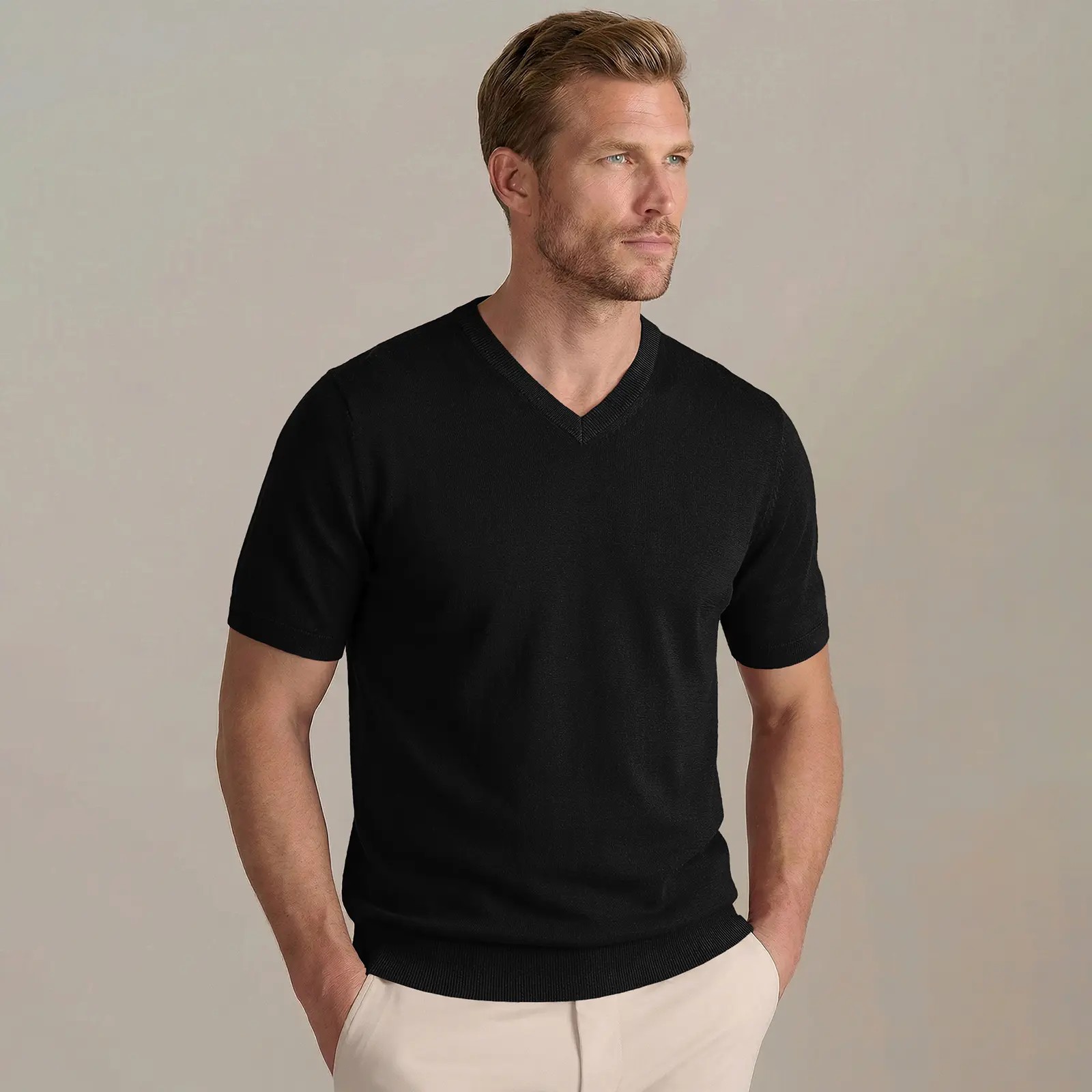 Men's Wool Blend Short Sleeve V-Neck Sweater Soft Textured Knit Pullover for Business Casual Wear