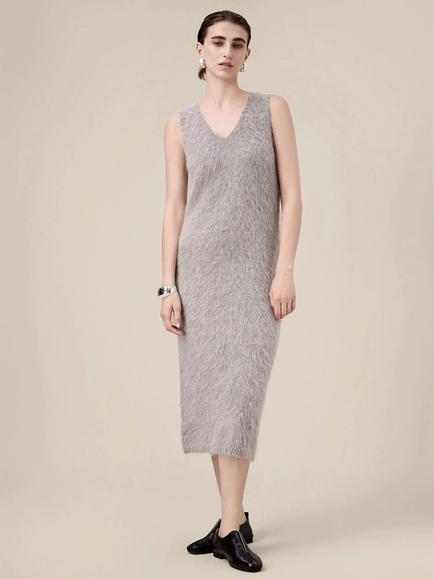 Alpaca V-Neck Sleeveless Plush Knit Vest Dress