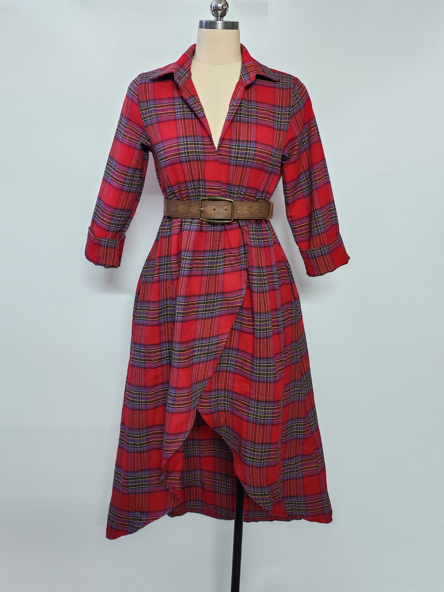 Casual loose retro plaid shirt dress with belt