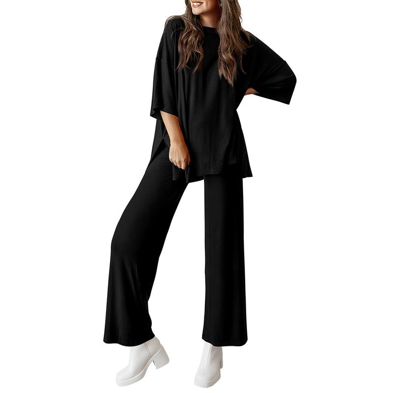 Women’s 2-Piece Lounge Set – Short Sleeve Top & Wide Leg Pants