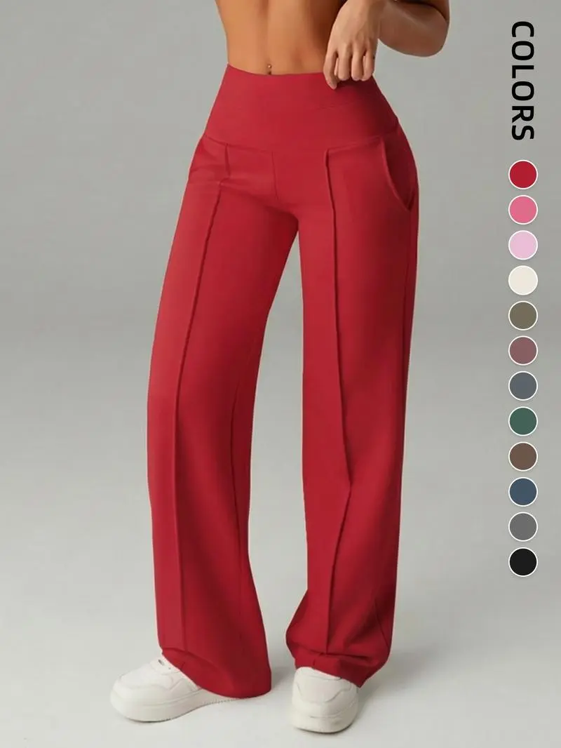 Women's Plain Loose Straight Leg Pants, Wide Leg High Waist Sporty Casual Sweatpants with Pockets