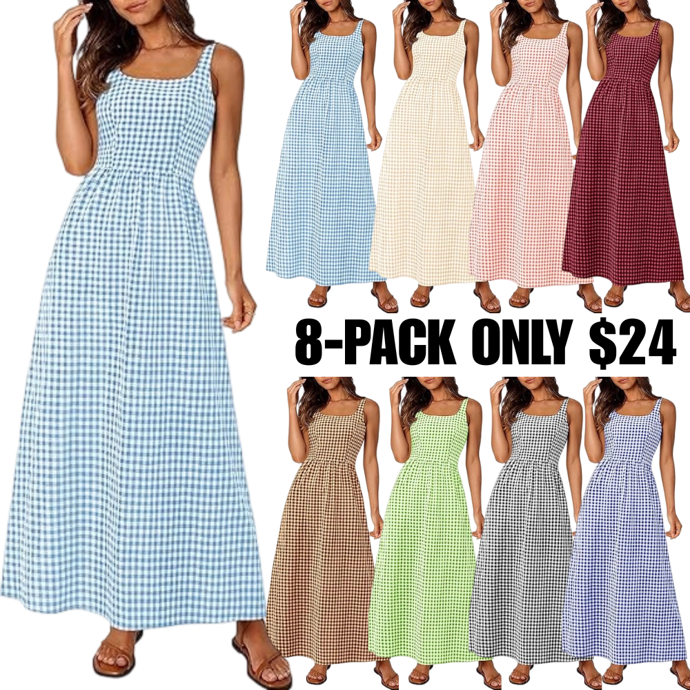 Women's Plaid Square Neck Maxi Dress, Spaghetti Strap A-Line Casual Beach Sundress