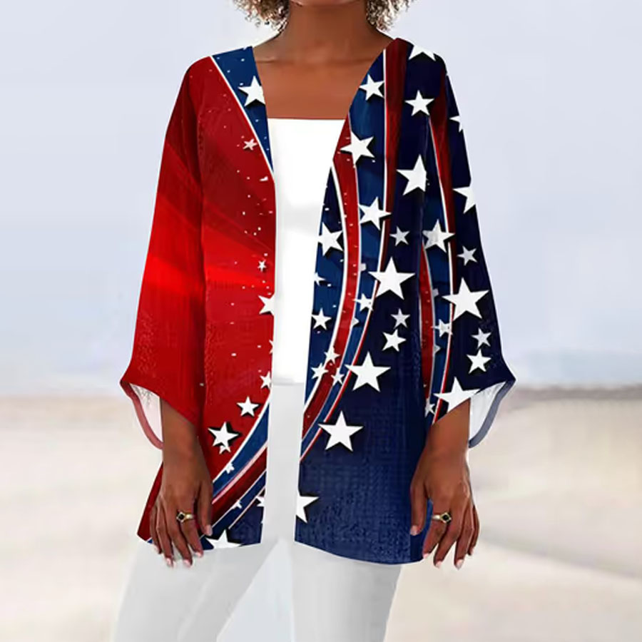 Women's Independence Day Vintage Flag Design Printed Casual Cardigan
