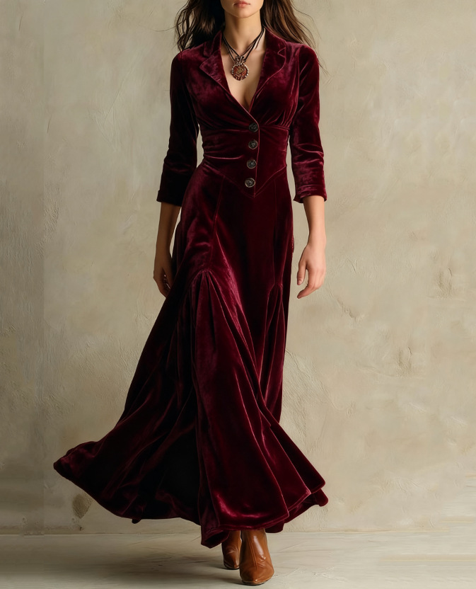 Brown Elegant Retro Suit Collar Velvet Long Dress