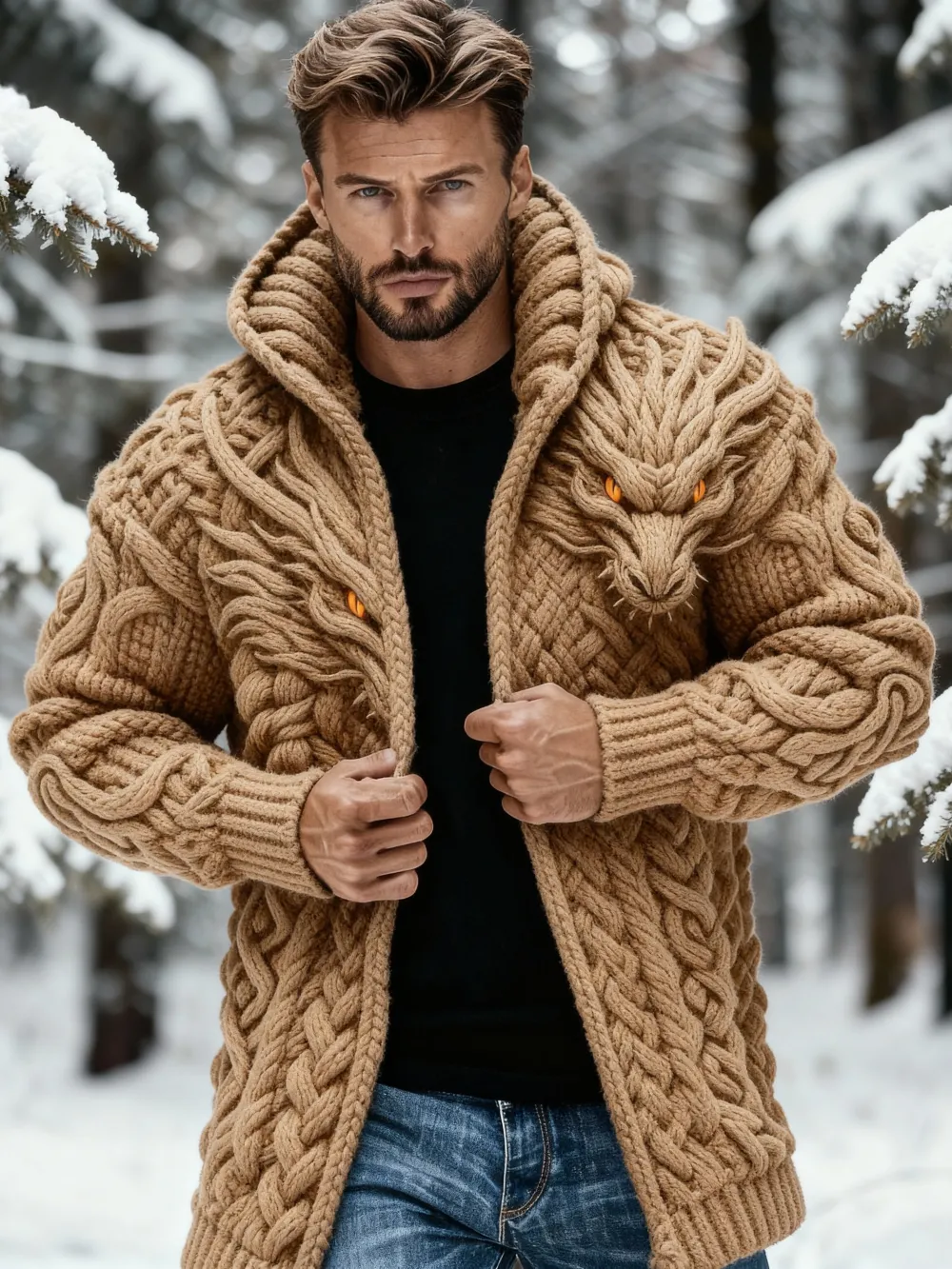 Men's Retro Wolf Head Celtic Knot Jacquard Chunky Knit Mid-Length Cardigan Sweater