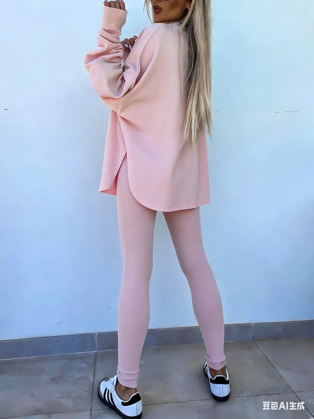 Women's Solid Long Sleeve Pullover & Leggings Sports Set