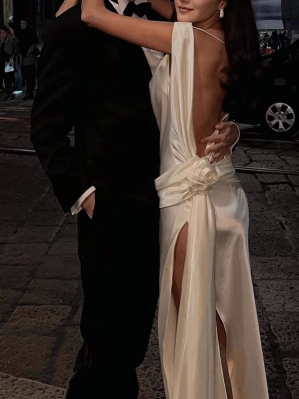 Solid Color Sleeveless Boat Neck Split-Side Satin Evening Maxi Dresses