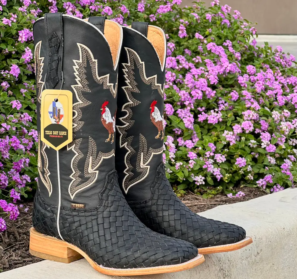 Men’s Black Basket-Weave Leather Boots With Black Shaft