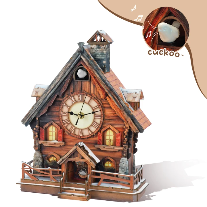 Cuckoo Chiming Swiss Chalet â€“ DIY Wood Clock, 3D Puzzle Kit