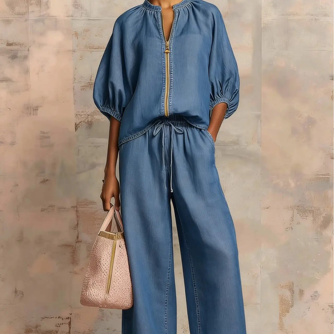 Chic Linen-Blend Quarter-Zip Lounge Set - Effortless Two-Piece Summer Outfit