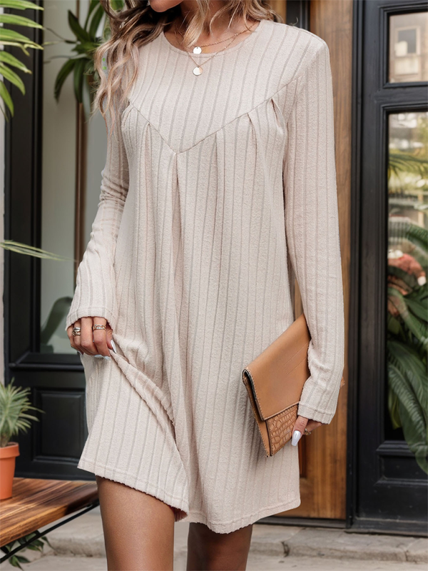 New Style Brushed Striped Knitted Skirt Long Sleeve Pleated Patchwork Dress