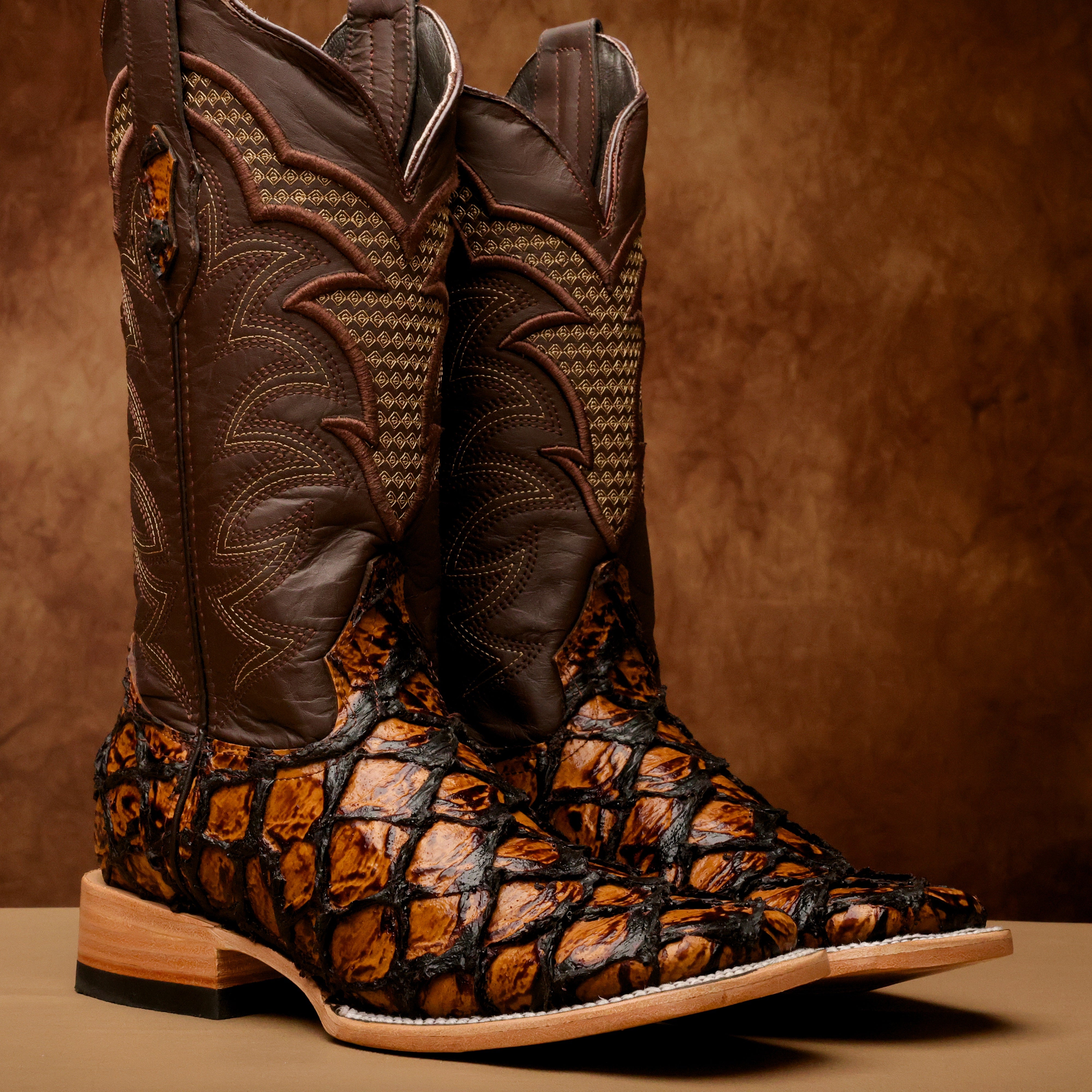 Honey Cognac Jumbo Pirarucu Leather Boots - Square Toe