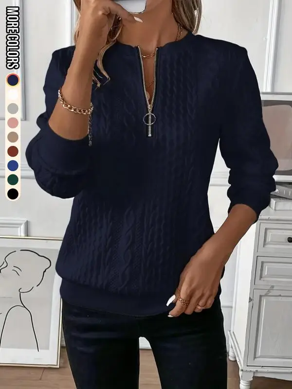 Women'S Plain Textured Half Zip Up Sweatshirt