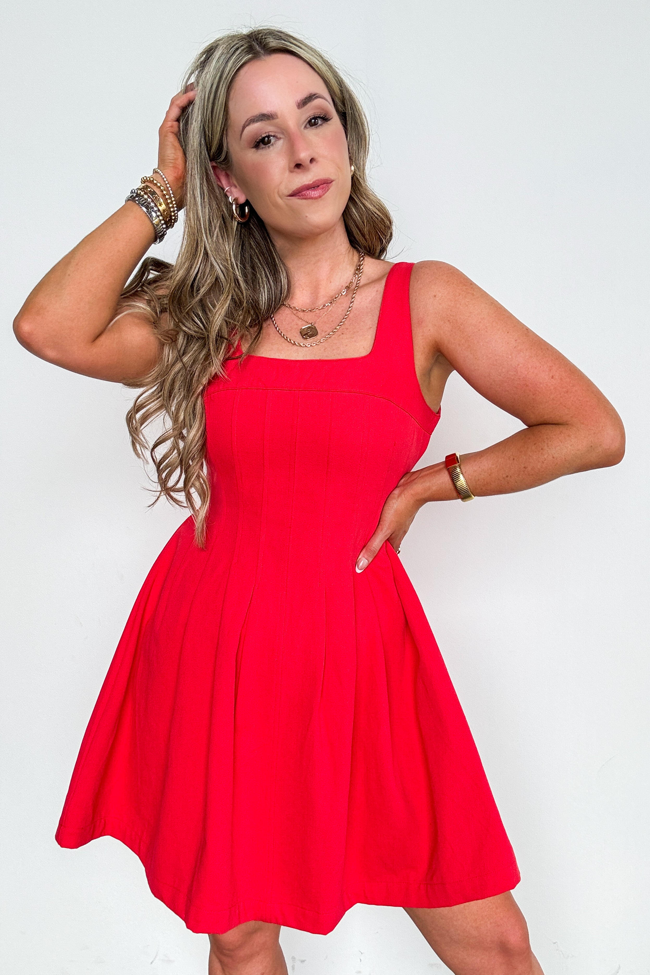 Fit And Flare Pleated Detail Sleeveless Dress