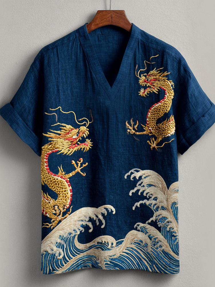 Japanese Waves & Dragon Embroidered Linen Shirt