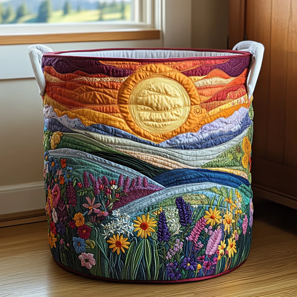 Bright Meadow Quilted Laundry Basket  | sun  flowers