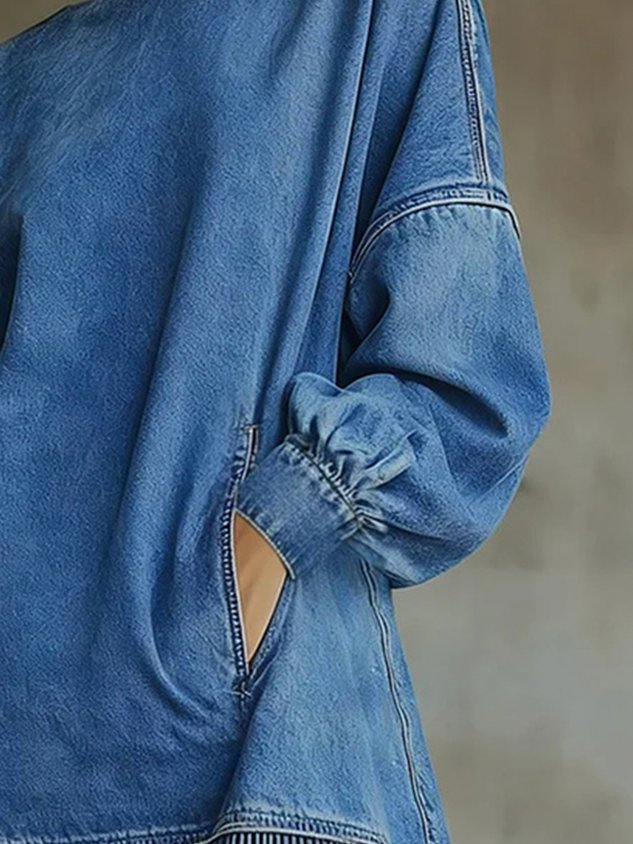 Women Casual Denim Blue Mini Dress Turtleneck H-Line Fall Daily