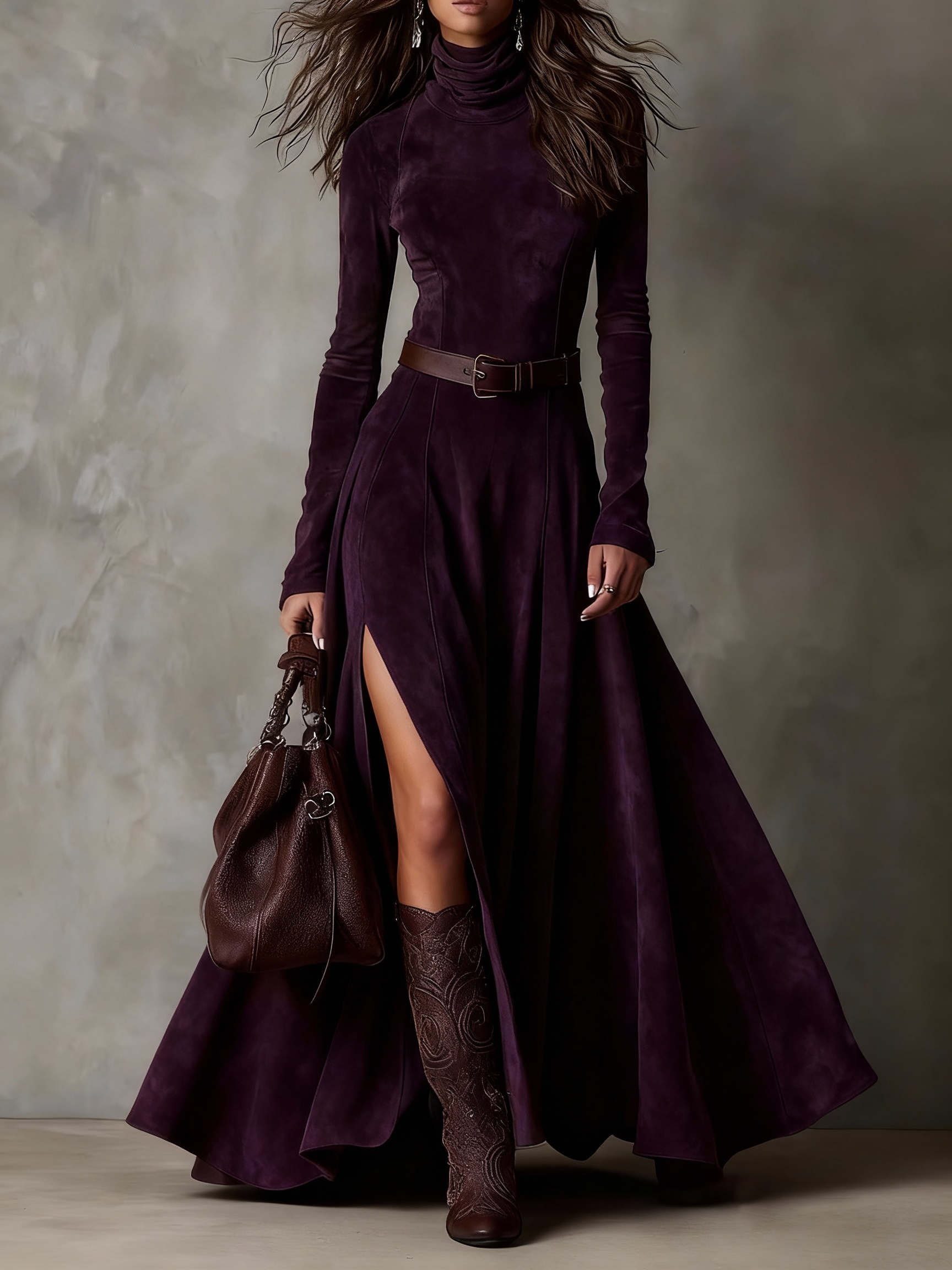 Dark Brown Faux Suede Turtleneck Long Sleeve Slit Maxi Dress(Including belt)