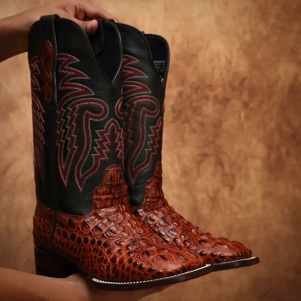 Cognac Caiman Neck Leather Boots - Square Toe