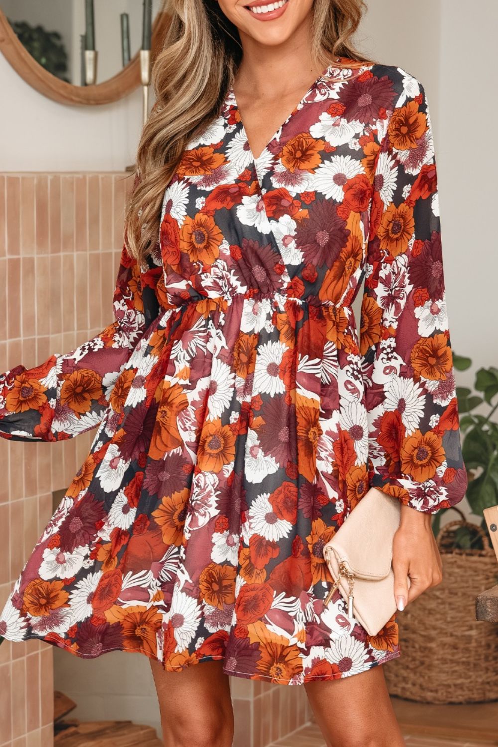 Floral Print Wrap V Neck Puff Sleeve Flowy Mini Dress