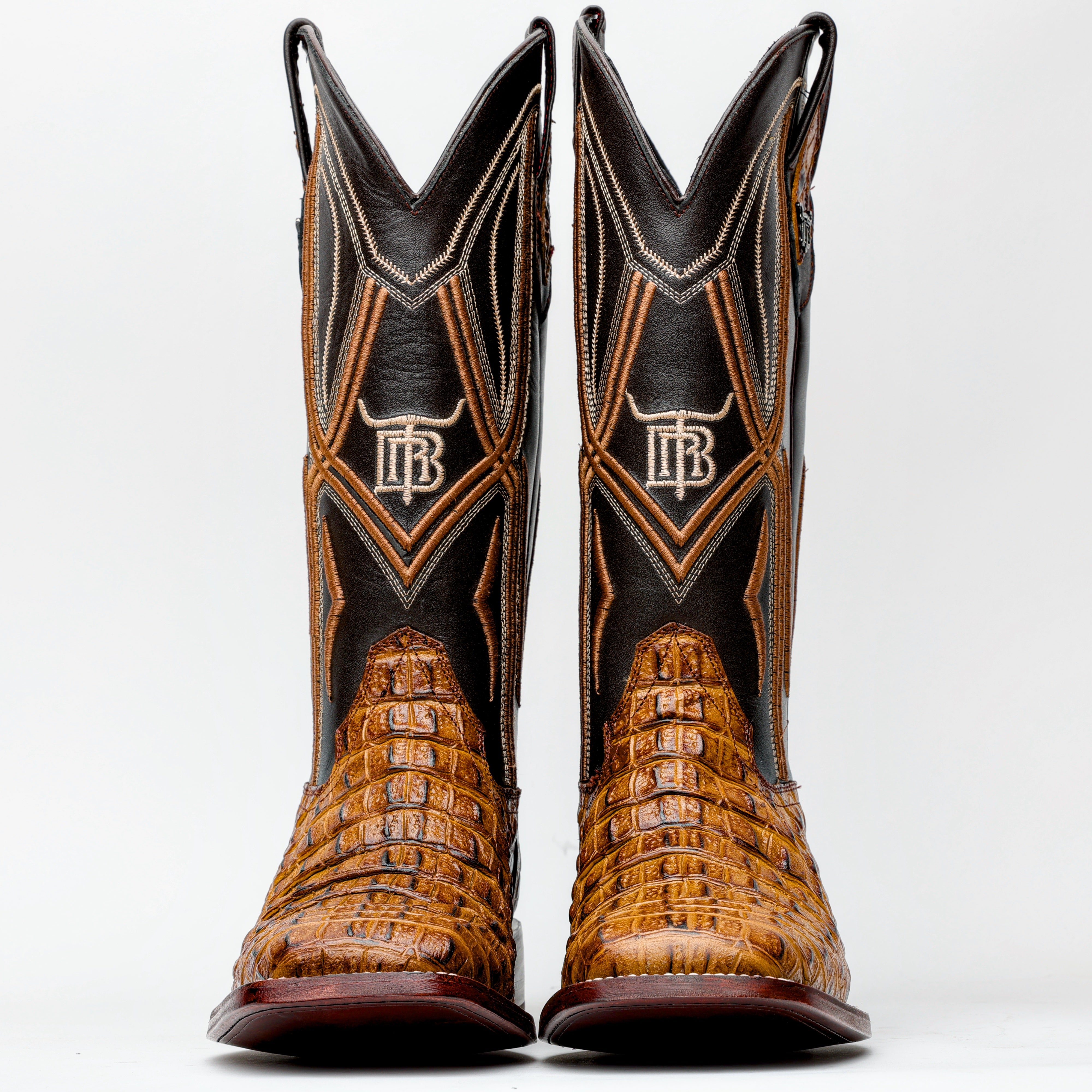 Honey Caiman Hornback Leather Boots - Square Toe