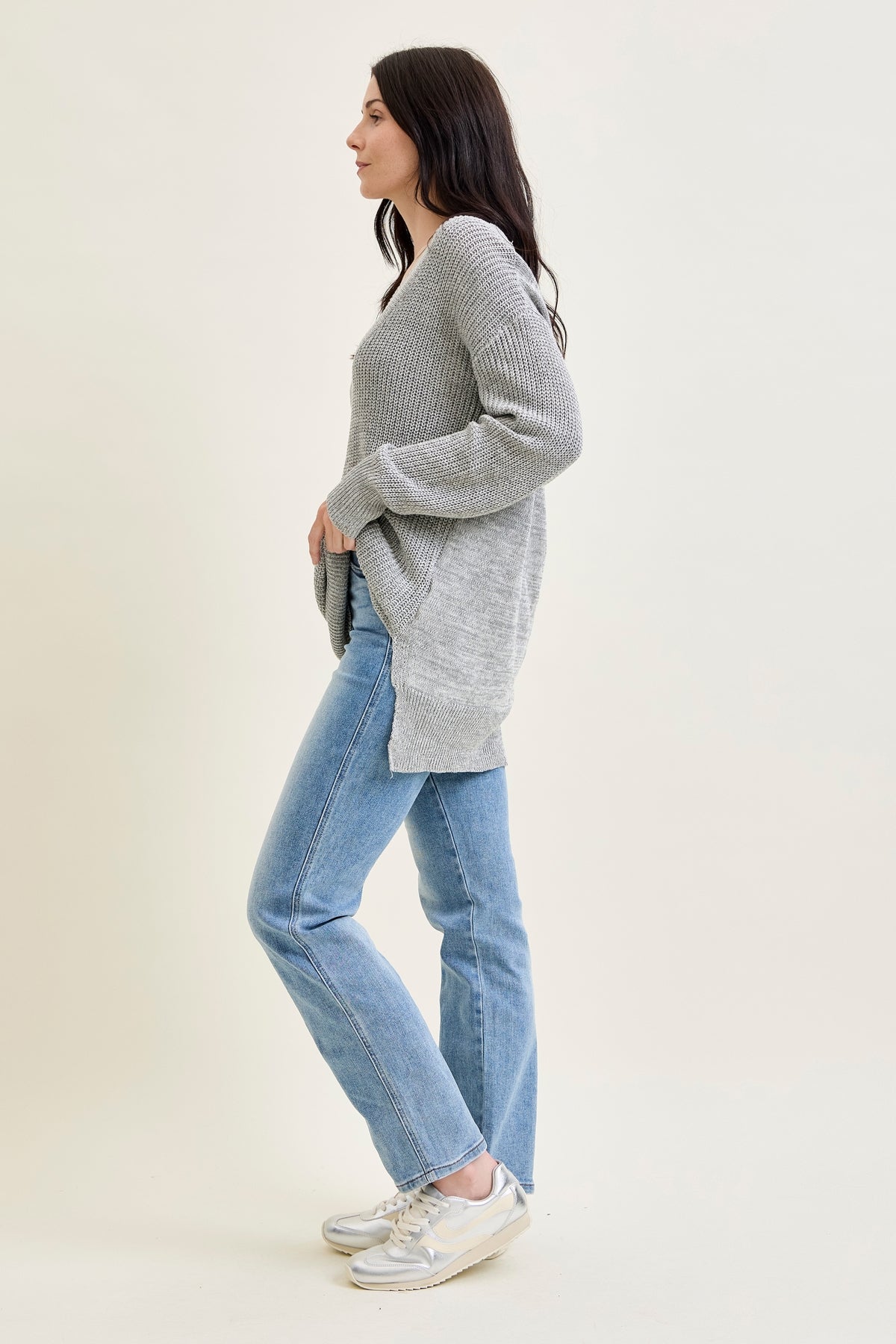 Slouchy V-Neck Off Shoulder Grey Sweater