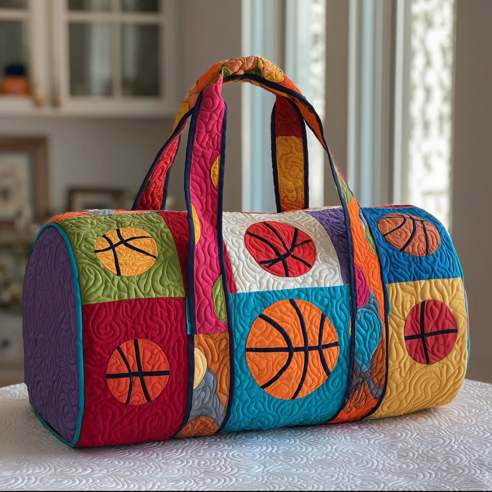 🏀🎨 Court Pop Patchwork Basketball Quilted Duffle Bag – Colorful Sporty Gym Weekend Overnight Travel Bag ✨