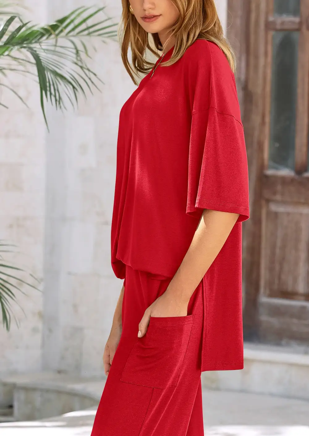 Women's Short Sleeve Pullover Tops Wide Leg Pants Lounge Sets