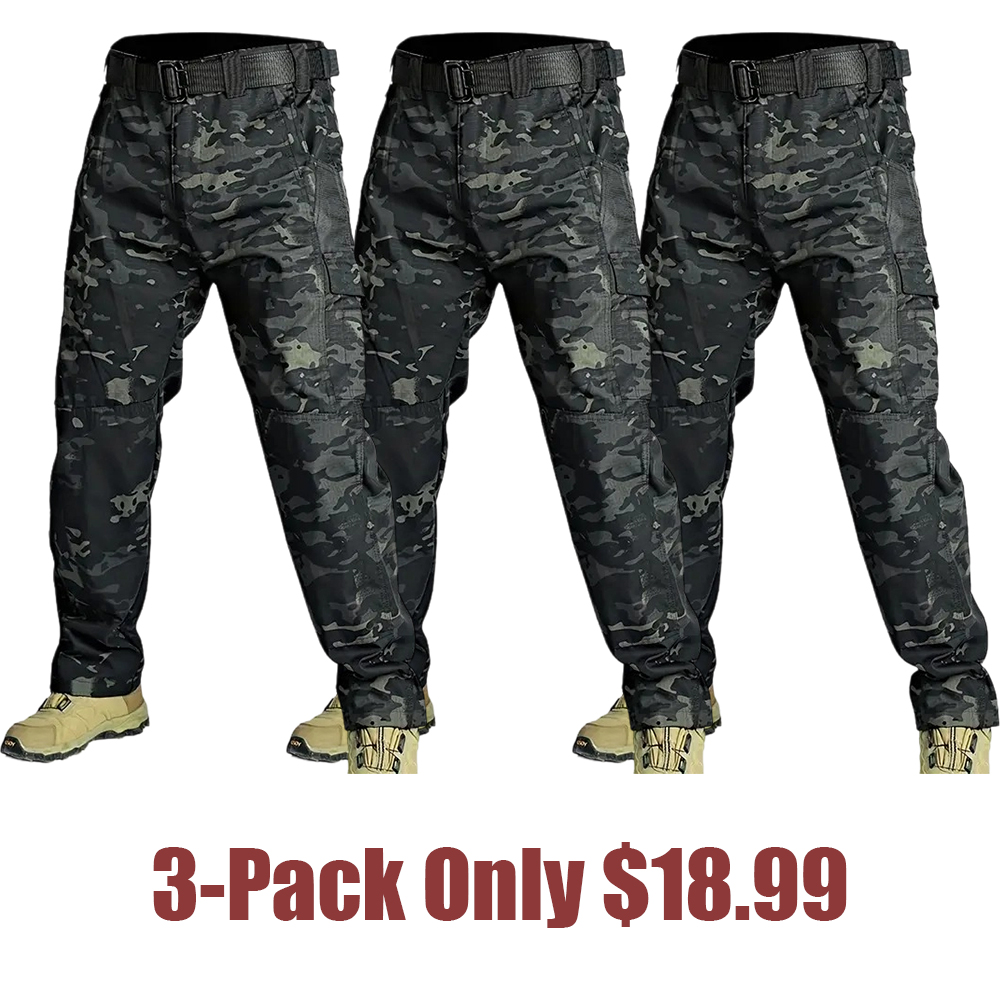 Men's Solid Color Tactical Work Pants with Multiple Pockets and Zipper Closures, Durable Outdoor Training Pants