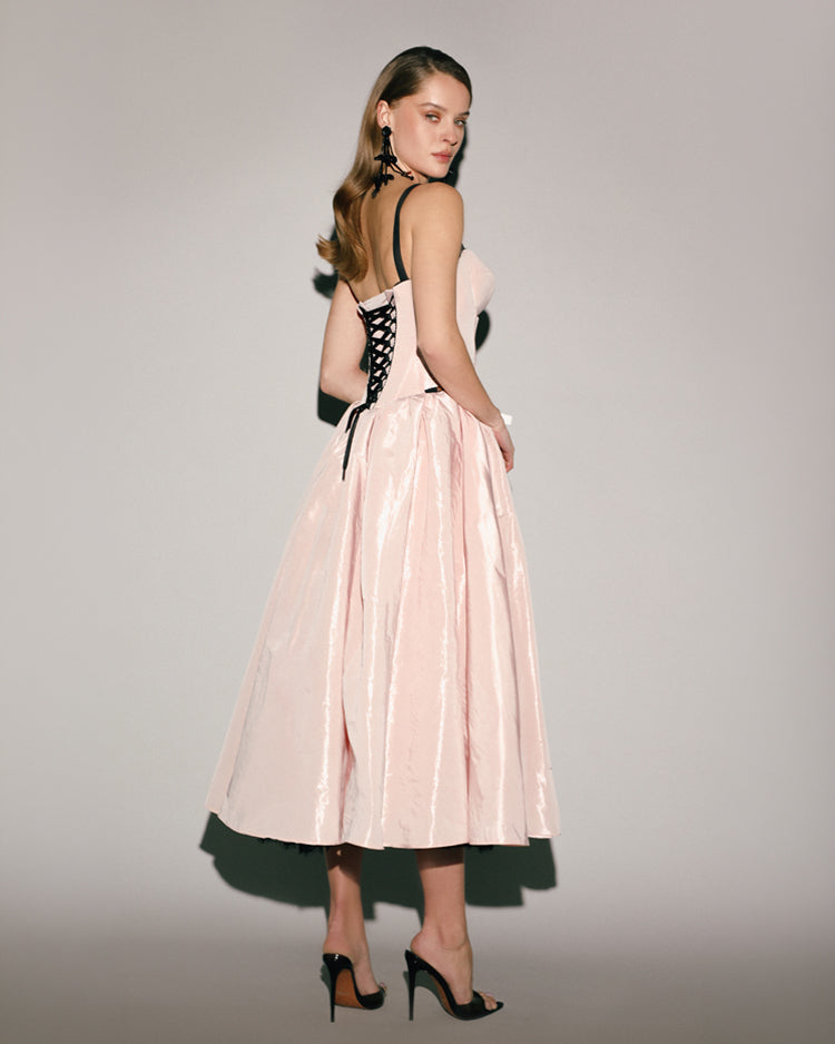 Misty Rose Corset Midi Dress with Contrast Details