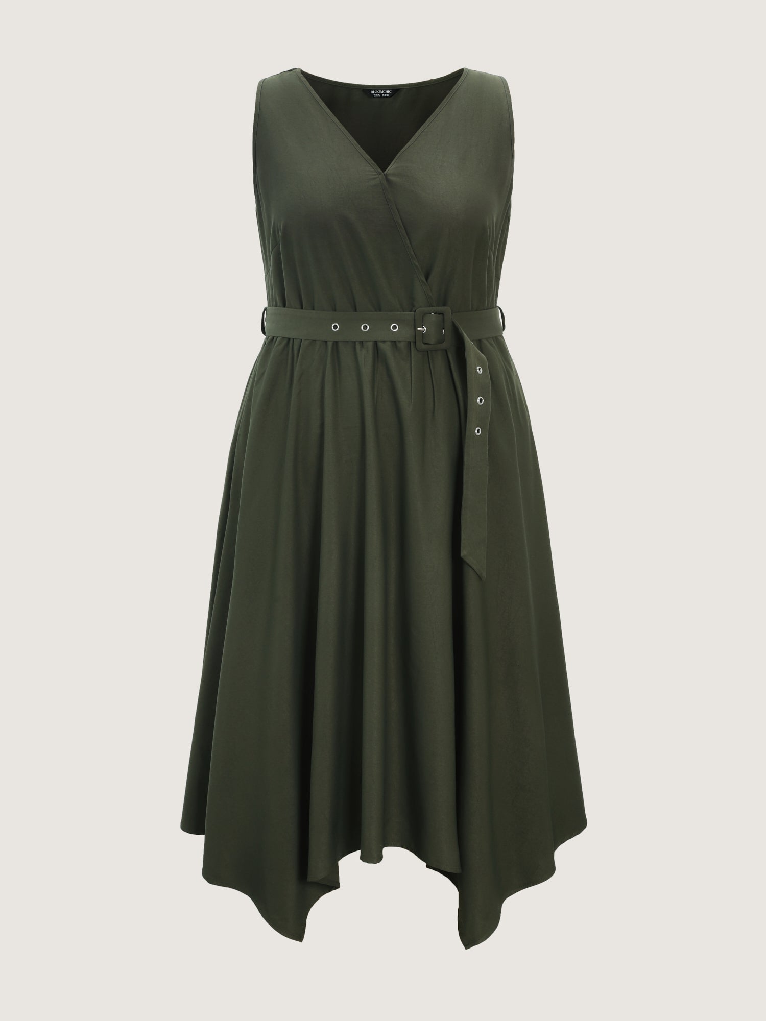 Waist-Tie Asymmetrical Hem Pockets Midi Dress