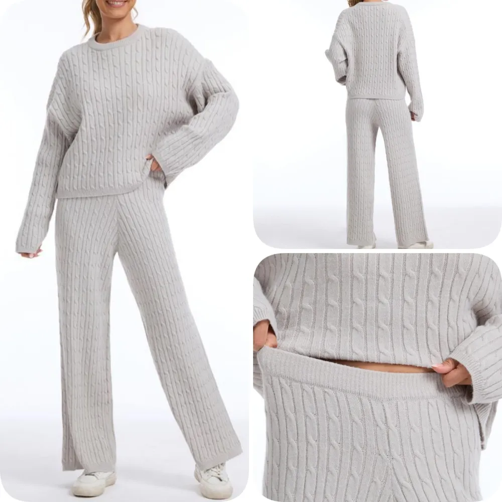 Women's Cable Knit Lounge Set - Long Sleeve Pullover & Wide Leg Pants