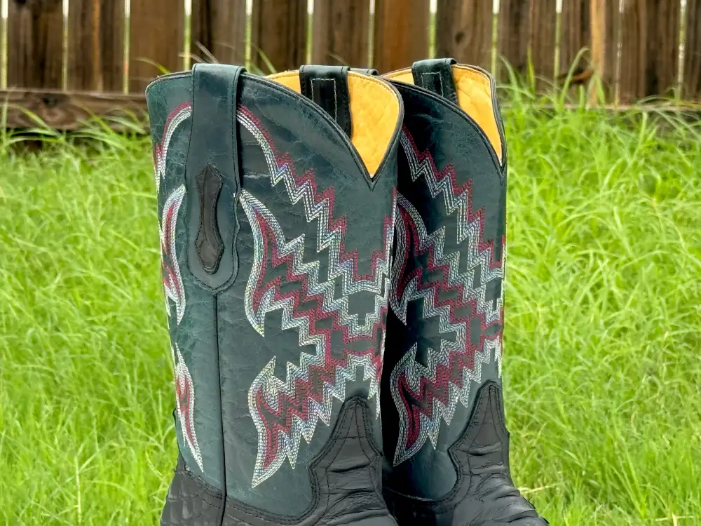 Mens Black Matte Python Leather Boots With Blue Shaft