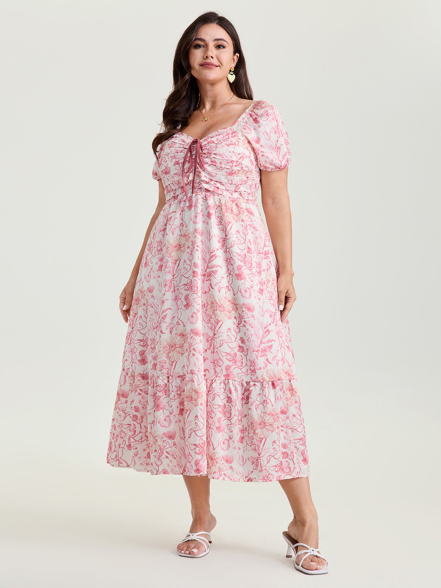 Romantic Floral Ruched Bodice Stretchy Waist Midi Dress
