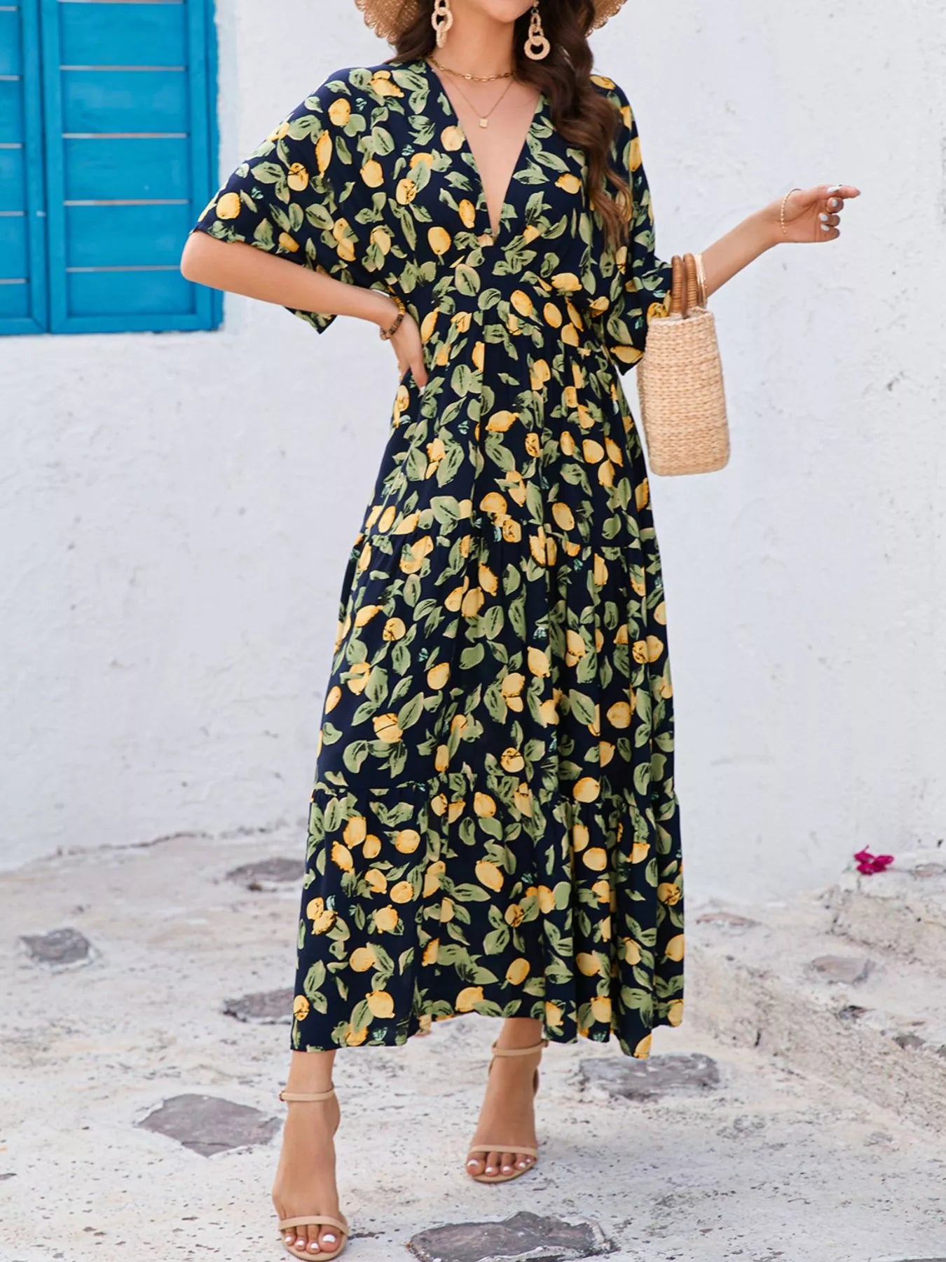 Printed V-Neck Ruffle Hem Flowy Midi Dress