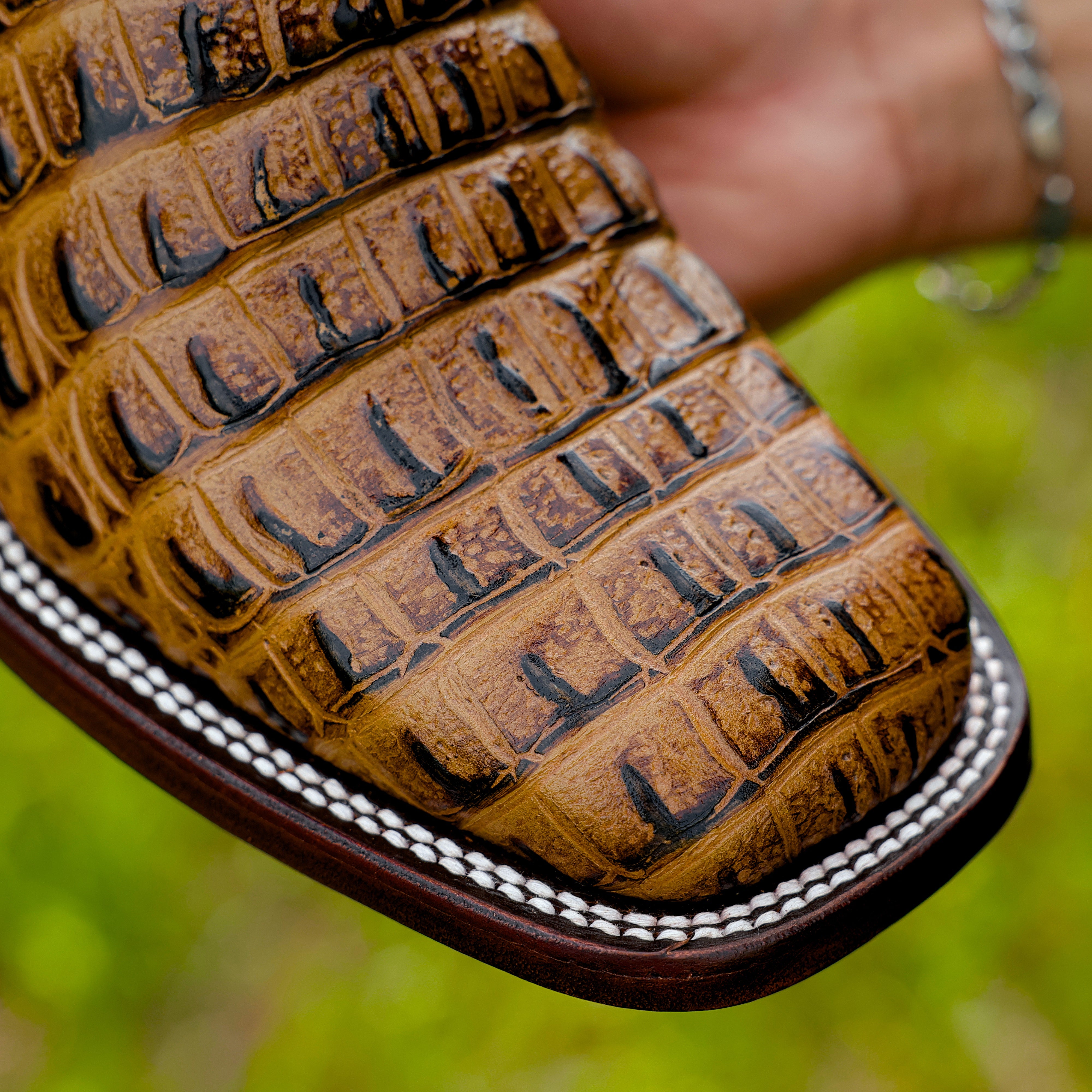 Honey Caiman Hornback Leather Boots - Square Toe