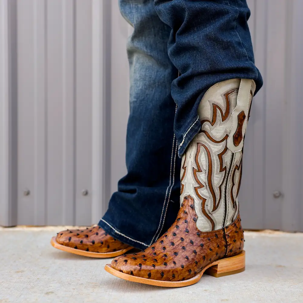 Cognac Ostrich Leather Boots - Square Toe