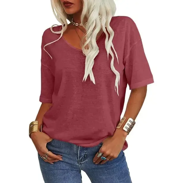 Women Soft V Neck Tshirt Half Sleeve Lightweight Solid Color Loose Fit Minimalist Top