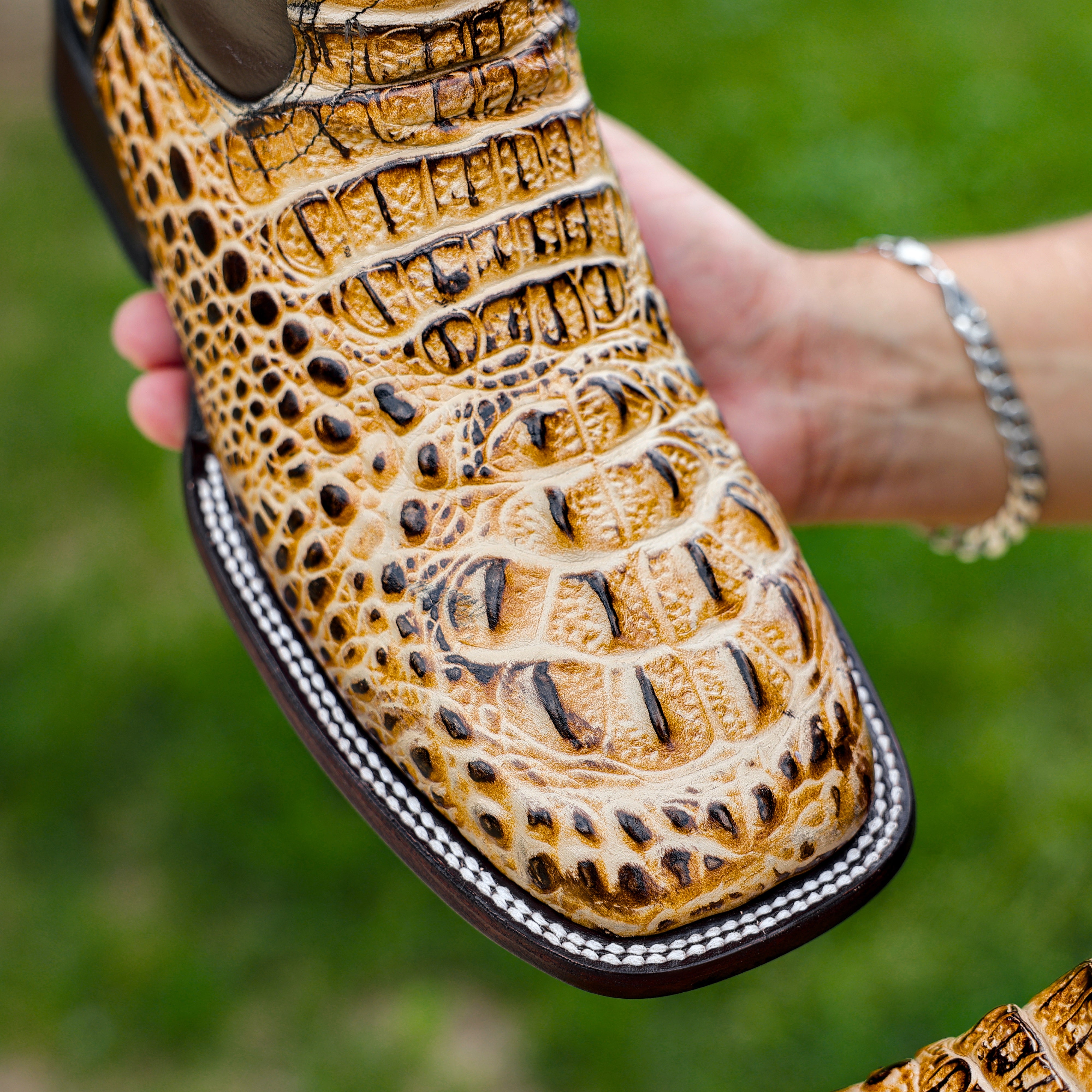 Bone Caiman Neck Leather Boots - Square Toe