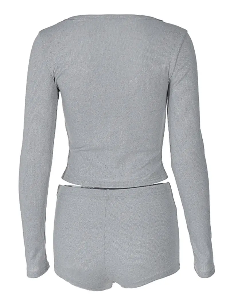 Women's Solid Long Sleeve Crop Top & High Waist Shorts Set