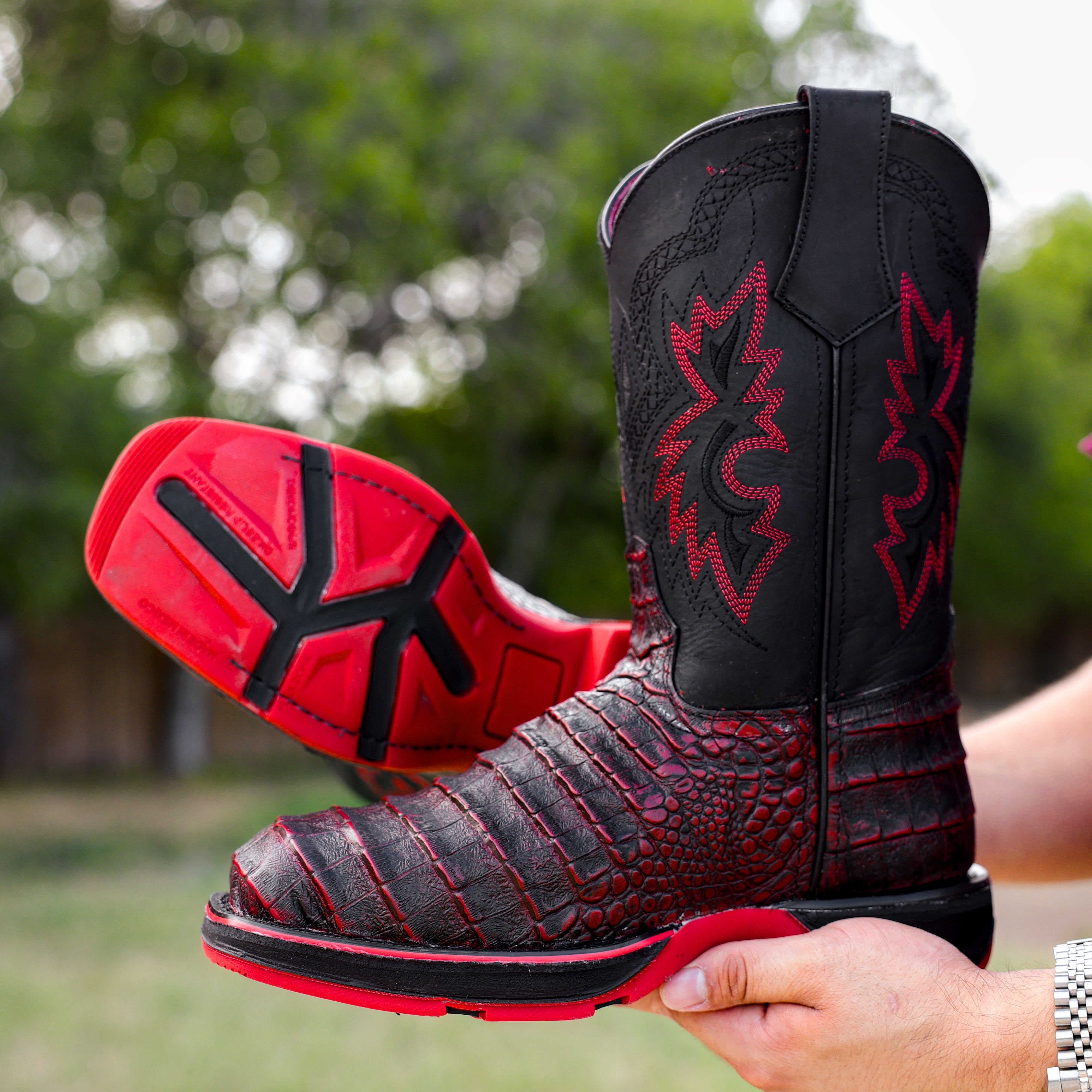 Black Cherry Caiman Belly Leather Boots With 3D Lightweight Sole - Composite Toe