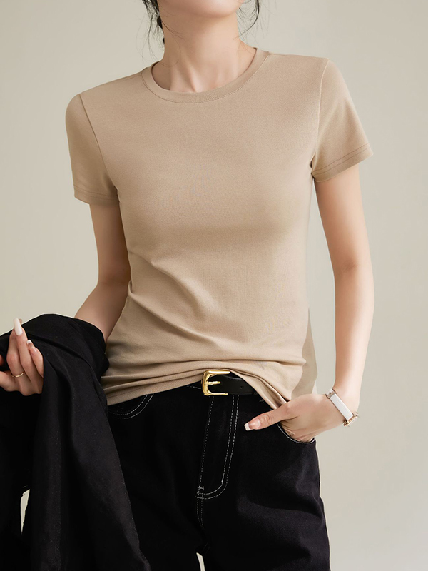 Solid Color Short Sleeves Skinny Round-Neck T-Shirts Tops