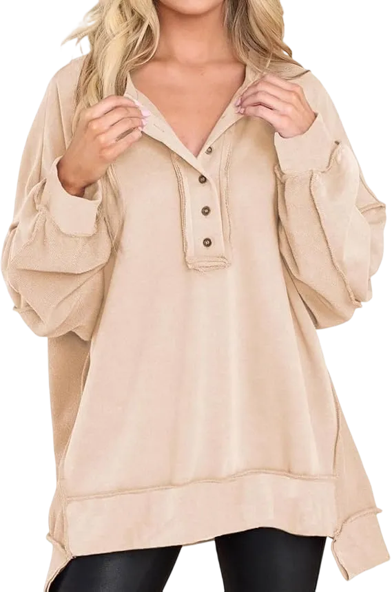 Women's loose-fitting casual long-sleeved button-up pullover shirt