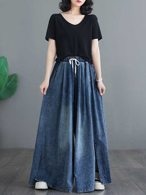 Drawstring Split-Side Loose Wide Leg Trousers Jean Pants Bottoms
