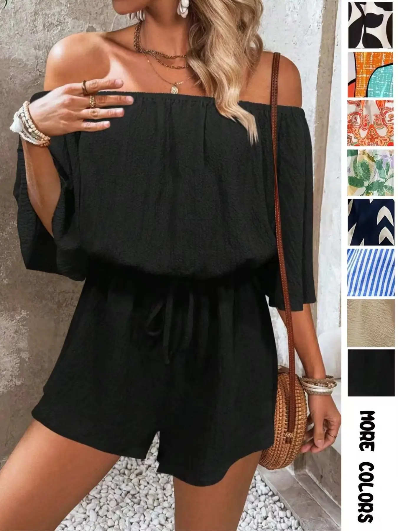 Women's Leaf Print Off Shoulder Tie Front Romper